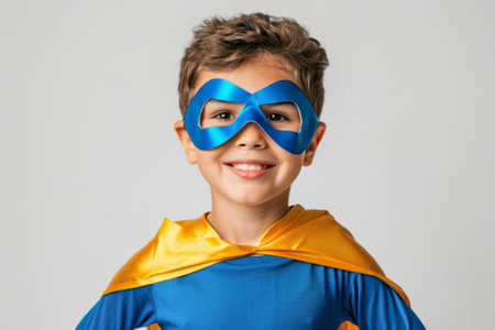 Happy young boy wearing a blue superhero mask and capeの素材