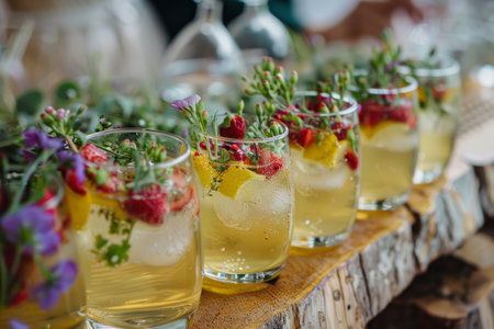 Refreshing summer drinks garnished with fresh fruit and herbs on a rustic wooden surfaceの素材