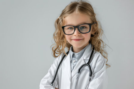 Girl wearing glasses and dressed as a doctor with a stethoscope in a bright roomの素材