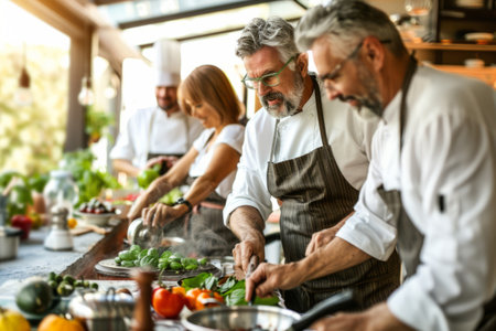 Smiling group of friends cooking together in a modern kitchenの素材