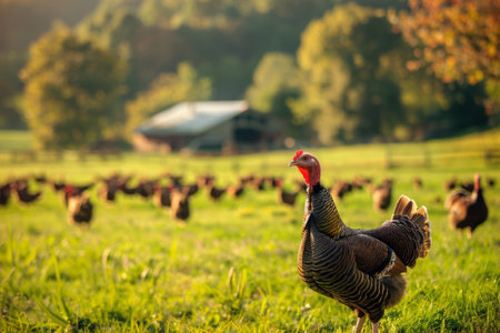Turkey standing in a vibrant green fieldの素材