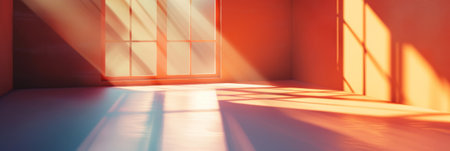 Minimalist room with warm orange sunlight and shadows cast by large windowsの素材