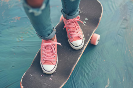 Girl in pink sneakers on a skateboard at a sunny skatepark. Casual style and outdoor activitiesの素材
