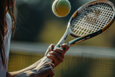 Female playing tennis. Young woman swinging a tennis racket at a ballの素材