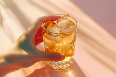 Hand holding a glass filled with a refreshing beverage and ice cubes with a bokeh backgroundの素材