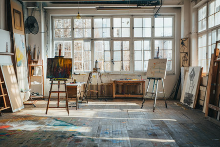 Creative artist workplace room. Classroom, workshop or creative class. Art studio interiorの素材