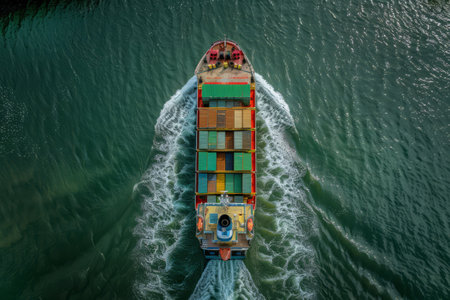 Aerial view of a cargo ship navigating through open watersの素材