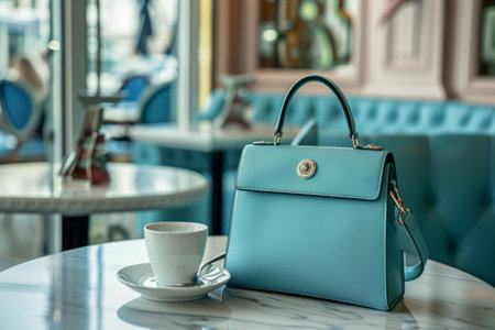 Handbag placed on a table in a chic cafe with a cup of coffeeの素材
