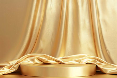 Luxurious golden fabric draped elegantly over a round platformの素材
