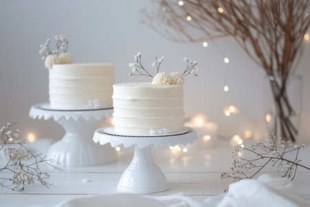 Beautifully decorated white cake adorned with delicate flowers in a soft romantic settingの素材