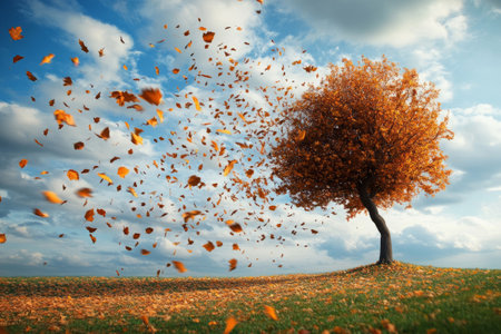 Lonely tree is losing its colorful leaves on a windy autumn dayの素材