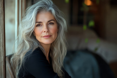 Beautiful mature woman with long gray hair looking at cameraの素材