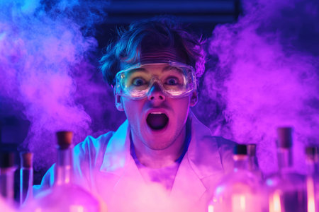 Surprised scientist with wide eyes and open mouth surrounded by vibrant clouds of colorful smokeの素材