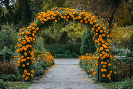 Garden arch covered in bright orange marigolds, surrounded by lush greenery and flowersの素材