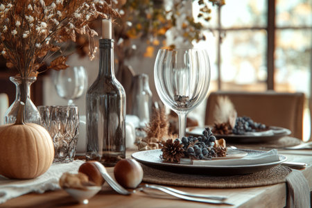 Autumn table setting featuring white and orange pumpkins, dried flowers, and neutral toned dinnerwareの素材