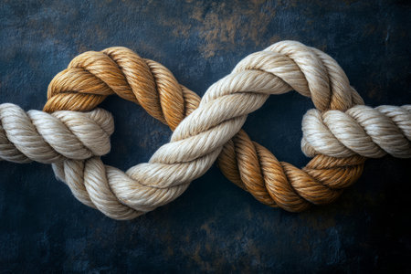 Two thick brown and white ropes tightly knotted togetherの素材