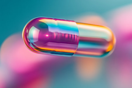 Vibrant capsule pill with multicolored reflections. Pharmaceutical and futuristic designの素材