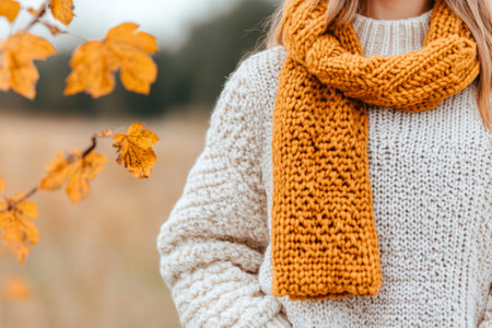 Cozy fall outfit featuring a knit scarf and cream sweaterの素材