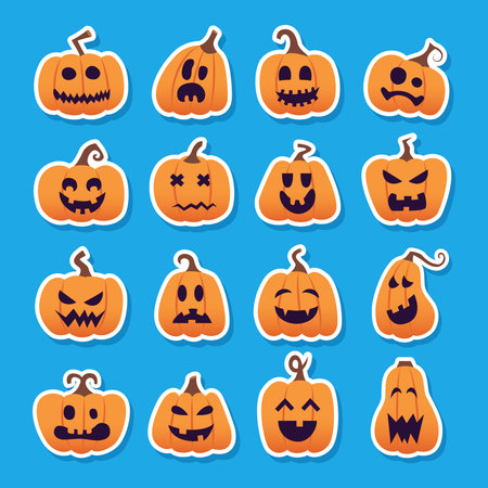 Halloween pumpkin faces with a variety of spooky, funny expressionsのイラスト素材