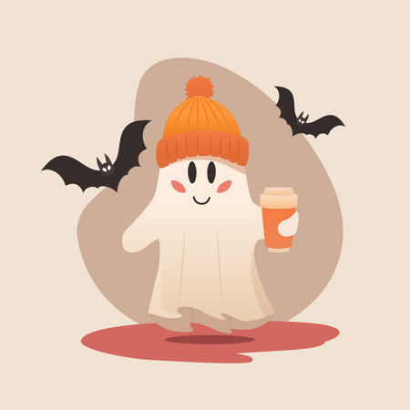 Cute ghost in an orange beanie holds coffee surrounded by batsのイラスト素材
