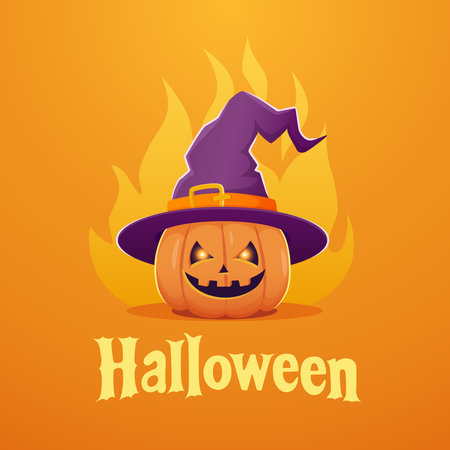 Halloween jack o lantern pumpkin wearing a witch hat on orange backgroundのイラスト素材