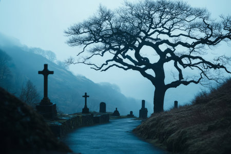 Foggy cemetery with weathered tombstones and trees. Mysterious atmosphereの素材