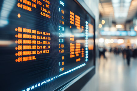 Digital stock market display with financial data. Busy trading environment with blurred backgroundの素材