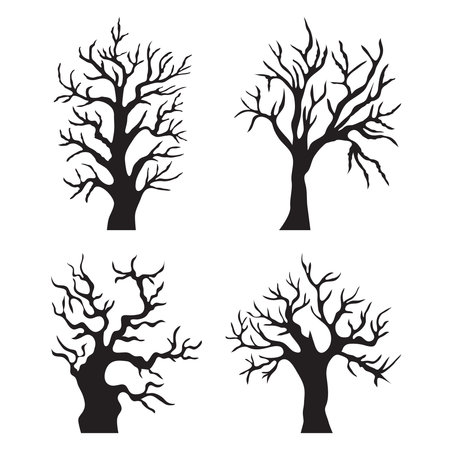 Collection of eerie, leafless tree silhouettes with twisted branchesのイラスト素材
