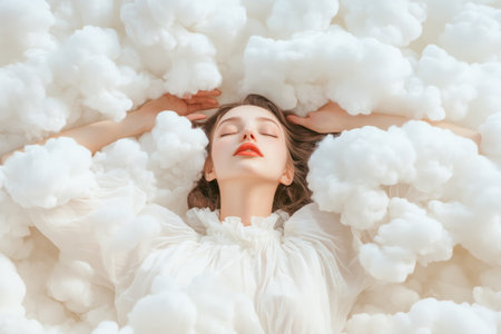 Woman lies among fluffy white clouds. Calm and dreamy emotionsの素材