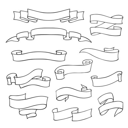 Hand drawn ribbon banners in various shapes and designs. Decorative elementsのイラスト素材
