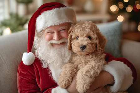 Santa Claus smiling with cute puppyの素材