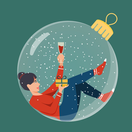 Woman inside a Christmas ornament holding a gift and a glass of wineのイラスト素材