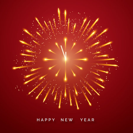 Fireworks burst around a clock striking midnight on a red backgroundのイラスト素材