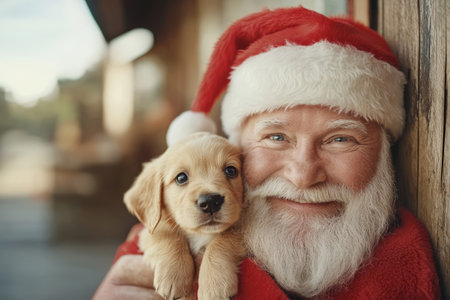 Santa Claus smiling with cute puppyの素材