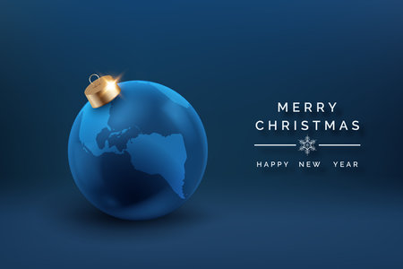 Blue globe Christmas ornament with a Merry Christmas and Happy New Year greeting. Global holiday celebrationのイラスト素材