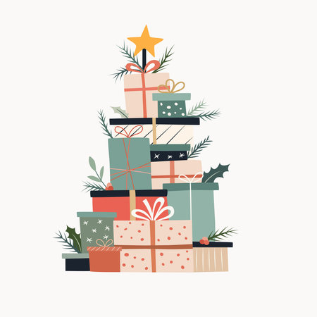 Stack of wrapped Christmas presents arranged like a tree, decorated with leaves and star on topのイラスト素材