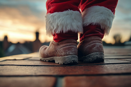 Santa Claus in boots standing on a rooftop beside a chimney. Magical holiday sceneの素材