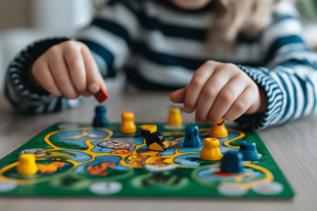Child enjoy playing a board game with colorful piecesの素材