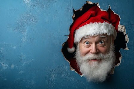 Surprised Santa Claus peeking through a hole in a blue backgroundの素材