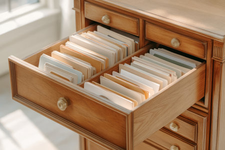 Open drawer of a vintage wooden filing cabinet filled with old paper documents and foldersの素材
