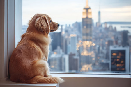 Dog sitting by big window overlooking city skyline at nightの素材