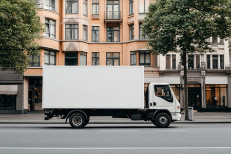 Empty blank white mockup of the truck on city street with modern buildings in the backgroundの素材