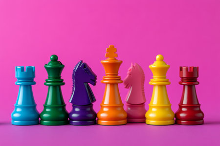 Bright and colorful chess pieces. Strategic gameplay and creative design in a playful settingの素材