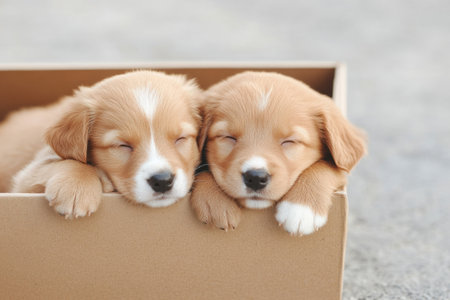 Cute puppies peeking out of a cardboard box while sitting outside on a streetの素材