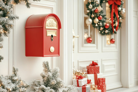 Red mailbox, wreaths with ornaments, wrapped presents, and tree. Warm holiday atmosphereの素材
