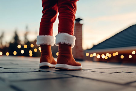 Santa Claus in boots standing on a rooftop beside a chimney. Magical holiday sceneの素材
