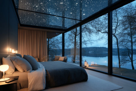 Minimalist bedroom with big windows and a ceiling illuminated with a starry night effectの素材
