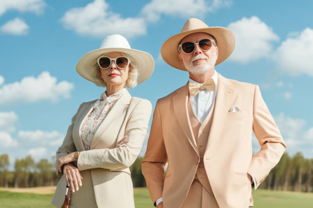 Stylish couple wearing formal hats in elegant outfits. Classic lookの素材