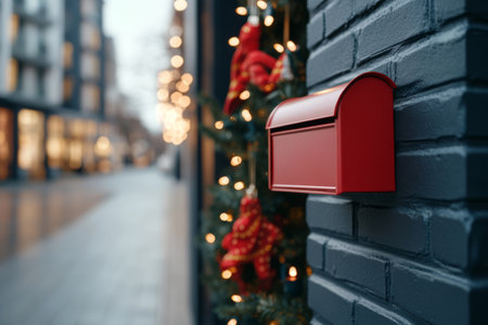 Red mailbox on a wall with a Christmas tree decorated with red ornaments in the backgroundの素材