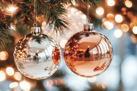 Shiny Christmas baubles reflecting holiday lightsの素材